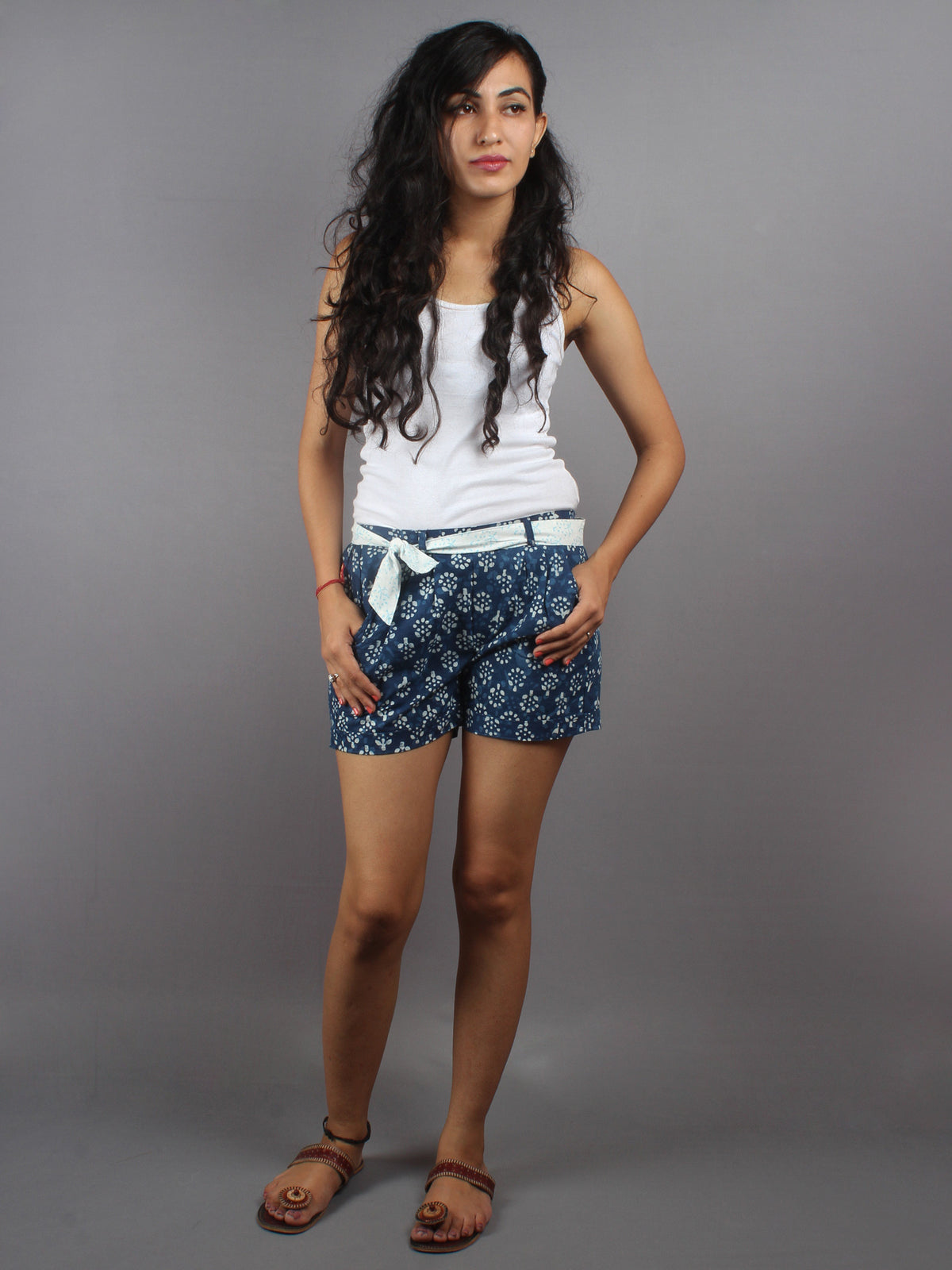 Blue Hand Block Printed Shorts With Belt -S5296027