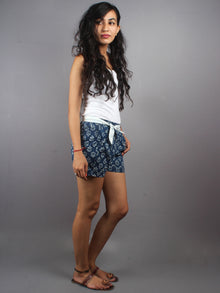 Blue Hand Block Printed Shorts With Belt -S5296027