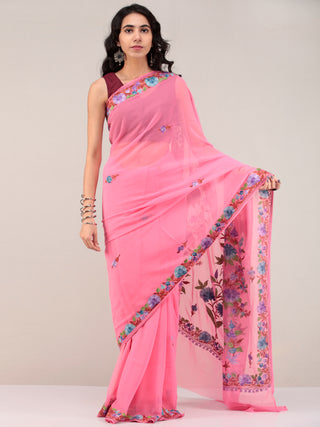 Pink Aari Embroidered Georgette Saree From Kashmir - S031704673