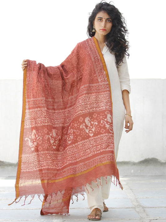 Rosewood Pink Ivory  Chanderi Hand Block Printed Dupatta - D04170586