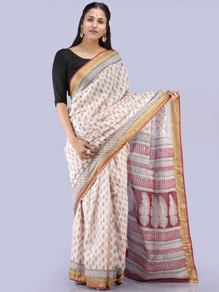 White Red Black Bagh Printed Maheshwari Cotton Saree - S031704282