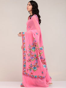 Pink Aari Embroidered Georgette Saree From Kashmir - S031704673