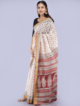 White Red Black Bagh Printed Maheshwari Cotton Saree - S031704282