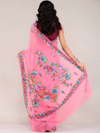 Pink Aari Embroidered Georgette Saree From Kashmir - S031704673