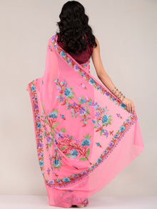 Pink Aari Embroidered Georgette Saree From Kashmir - S031704673