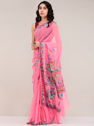 Pink Aari Embroidered Georgette Saree From Kashmir - S031704673