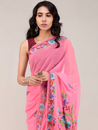 Pink Aari Embroidered Georgette Saree From Kashmir - S031704673