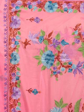 Pink Aari Embroidered Georgette Saree From Kashmir - S031704673