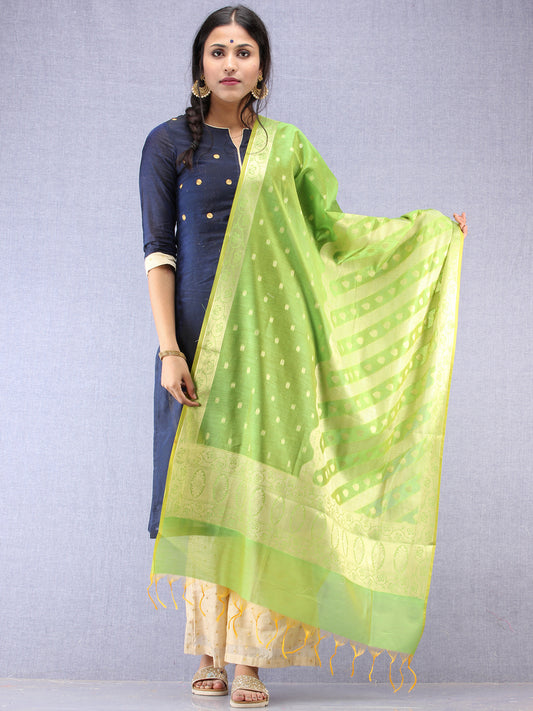 Banarasi Chanderi Dupatta With Zari Work - Light Green & Gold - D04170842