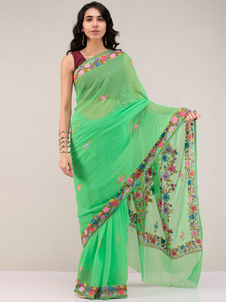 Green Aari Embroidered Georgette Saree From Kashmir - S031704674