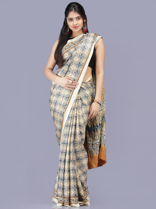 Ivory Indigo Mustard Ajrakh Hand Block Printed Modal Silk Saree - S031704219