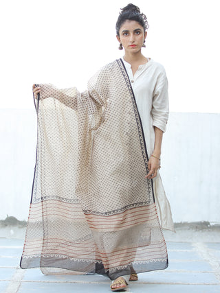 Beige Black Kota Doria Cotton Hand Block Printed Dupatta  - D04170680