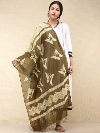 Olive Green Ivory Chanderi Hand Block Printed Dupatta - D04170739