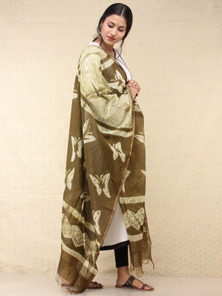 Olive Green Ivory Chanderi Hand Block Printed Dupatta - D04170739