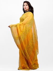Yellow Orange Green Hand Block Printed Chiffon Saree with Zari Border - S031703284