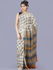 Ivory Indigo Mustard Ajrakh Hand Block Printed Modal Silk Saree - S031704219