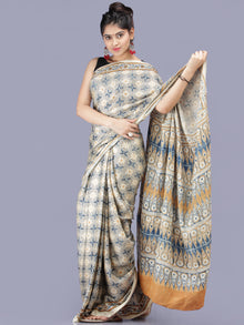 Ivory Indigo Mustard Ajrakh Hand Block Printed Modal Silk Saree - S031704219