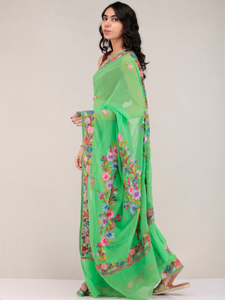 Green Aari Embroidered Georgette Saree From Kashmir - S031704674