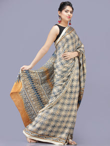 Ivory Indigo Mustard Ajrakh Hand Block Printed Modal Silk Saree - S031704219