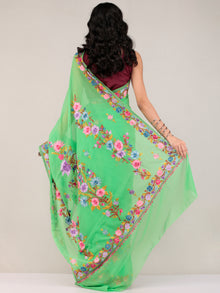 Green Aari Embroidered Georgette Saree From Kashmir - S031704674