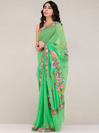 Green Aari Embroidered Georgette Saree From Kashmir - S031704674