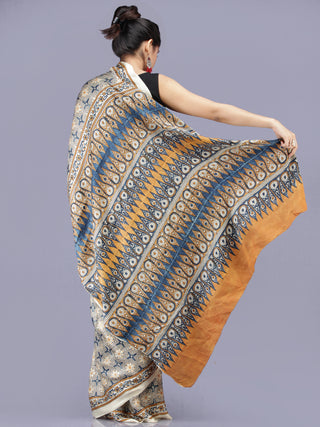 Ivory Indigo Mustard Ajrakh Hand Block Printed Modal Silk Saree - S031704219