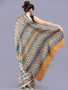 Ivory Indigo Mustard Ajrakh Hand Block Printed Modal Silk Saree - S031704219