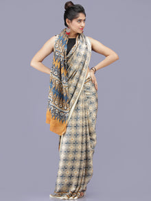 Ivory Indigo Mustard Ajrakh Hand Block Printed Modal Silk Saree - S031704219