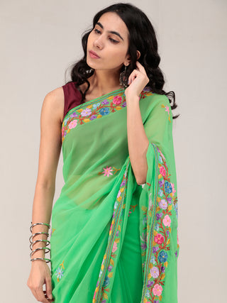 Green Aari Embroidered Georgette Saree From Kashmir - S031704674