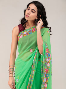 Green Aari Embroidered Georgette Saree From Kashmir - S031704674