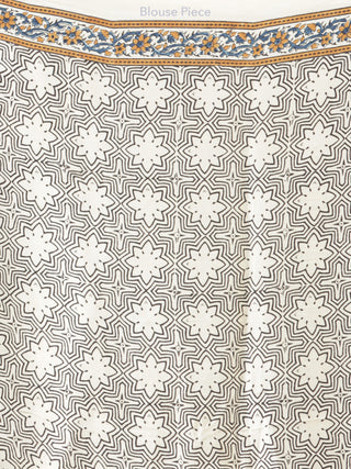 Ivory Indigo Mustard Ajrakh Hand Block Printed Modal Silk Saree - S031704219
