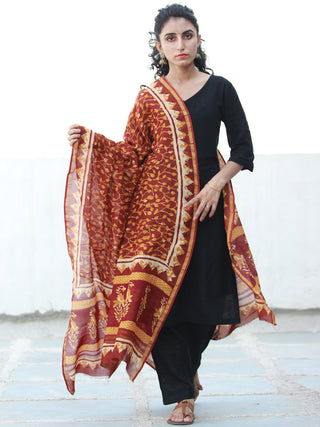 Rust Maroon Ivory Mustard Chanderi Hand Block Printed Dupatta - D04170501