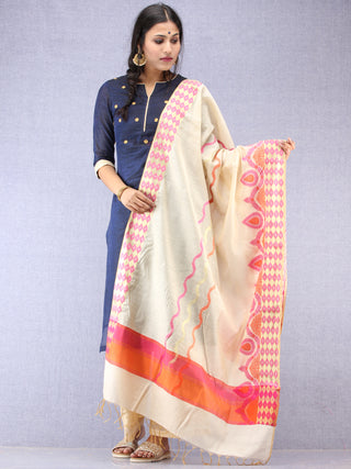 Banarasi Chanderi Dupatta With Resham Work - Ivory Pink & Gold - D04170843