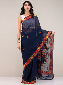 Blue Aari Embroidered Georgette Saree From Kashmir - S031704675