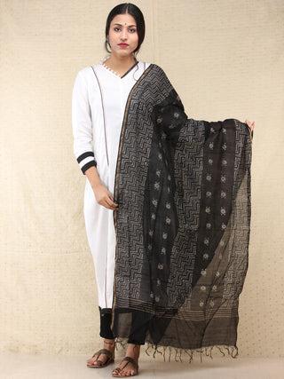 Black Grey Chanderi Hand Brush Painted Dupatta - D04170738
