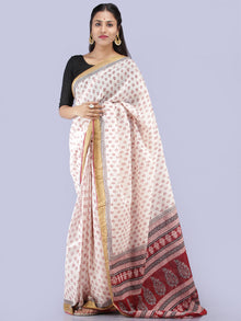 White Red Black Bagh Printed Maheshwari Cotton Saree - S031704284