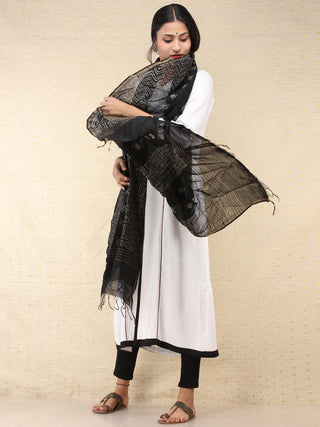 Black Grey Chanderi Hand Brush Painted Dupatta - D04170738