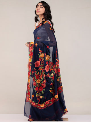 Blue Aari Embroidered Georgette Saree From Kashmir - S031704675