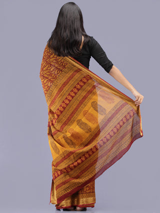 Mustard Maroon Bagh Printed Maheshwari Cotton Saree - S031704218