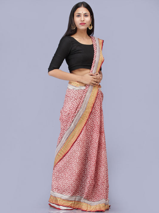 White Red Bagh Printed Maheshwari Cotton Saree - S031704220