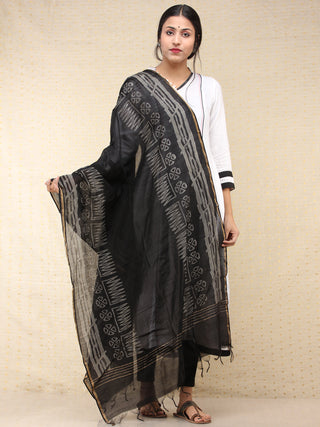 Black Grey Chanderi Hand Brush Painted Dupatta - D04170740