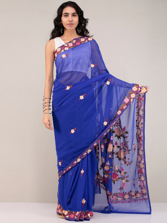 Blue Aari Embroidered Georgette Saree From Kashmir - S031704676