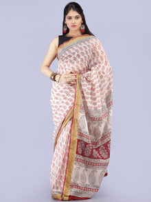 White Red Black Printed Maheshwari Cotton Saree - S031704285