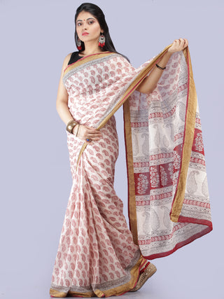 White Red Black Printed Maheshwari Cotton Saree - S031704285
