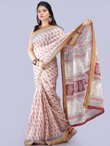 White Red Black Printed Maheshwari Cotton Saree - S031704285
