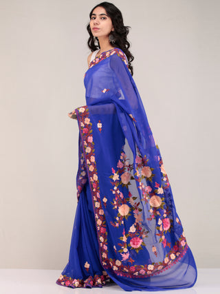 Blue Aari Embroidered Georgette Saree From Kashmir - S031704676