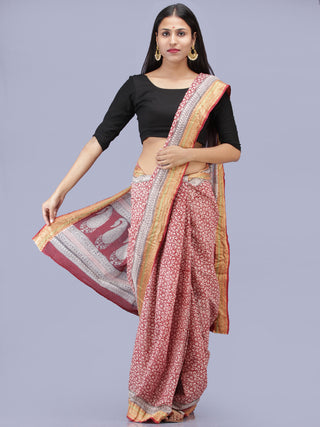 White Red Bagh Printed Maheshwari Cotton Saree - S031704220