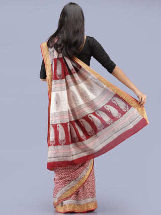 White Red Bagh Printed Maheshwari Cotton Saree - S031704220
