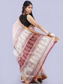 White Red Black Printed Maheshwari Cotton Saree - S031704285