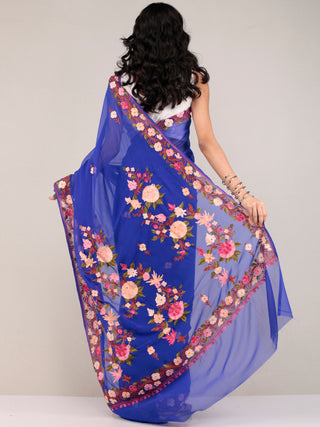 Blue Aari Embroidered Georgette Saree From Kashmir - S031704676